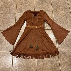 Brown Suede Long Sleeve Fringe Dress